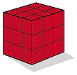 Wooden cube painted red and cut into 27 smaller cubes.